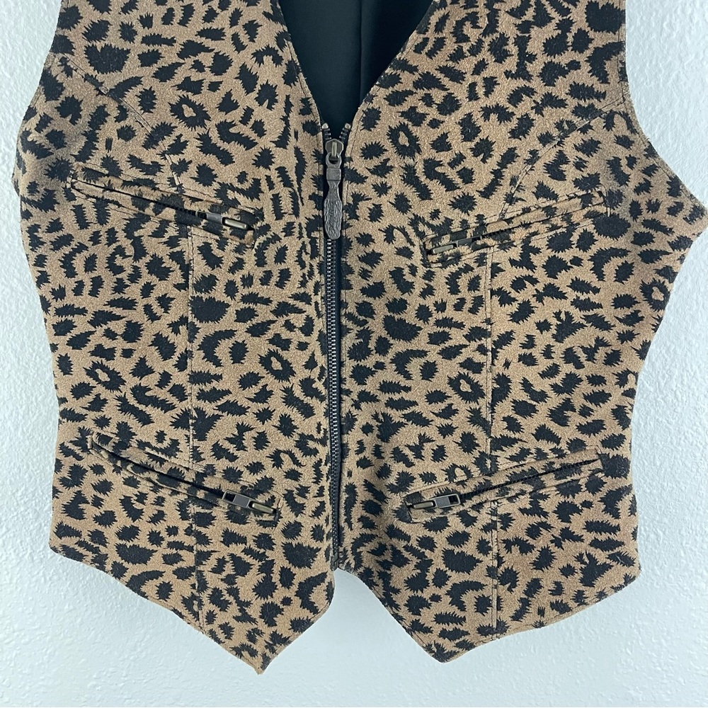 Vintage 90s Tan Black Suede Leather Cheetah Print V Neck Zip Up Biker Vest Top - Picture 4 of 10